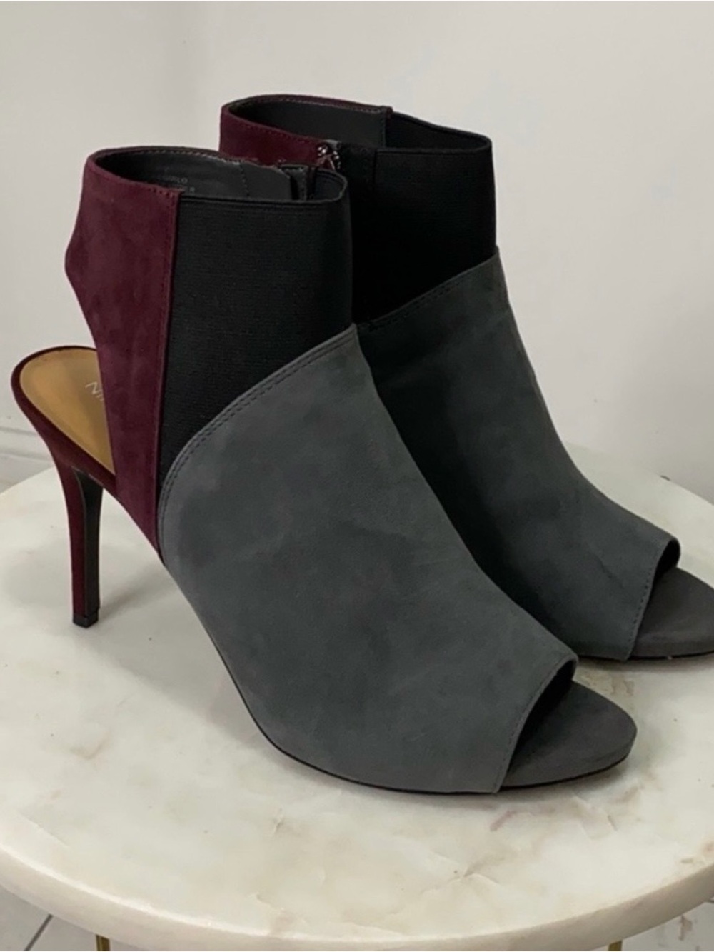 Nine West Gray and Burgundy Open-Toe Suede Ankle Booties